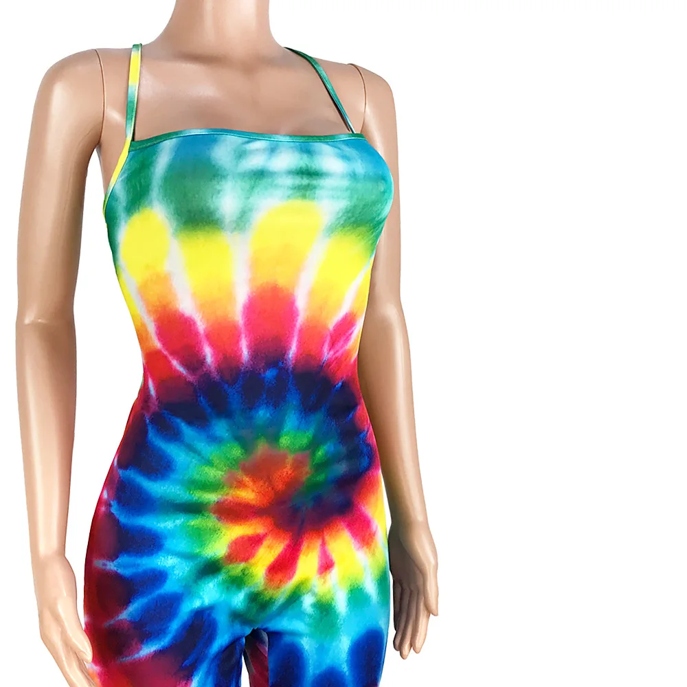 

Women Playsuits Spaghetti Strap Tie Dyed Printed Bodycon Backless Jumpsuit