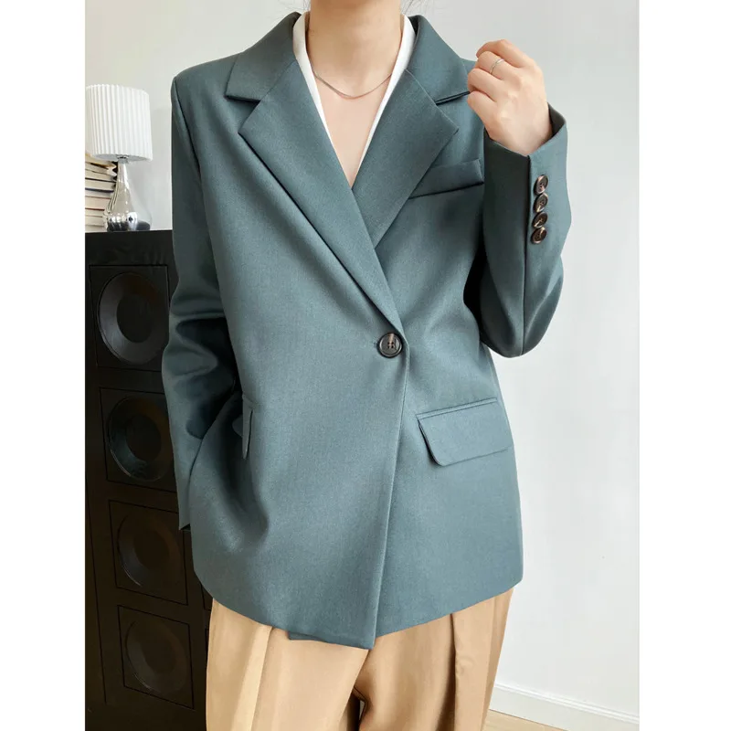 

2021 Autumn New Notched Collar Women Suit Coat One Button Long Sleeve Straight Loose Women Blazer Jacket Solid Lady Suit Tops