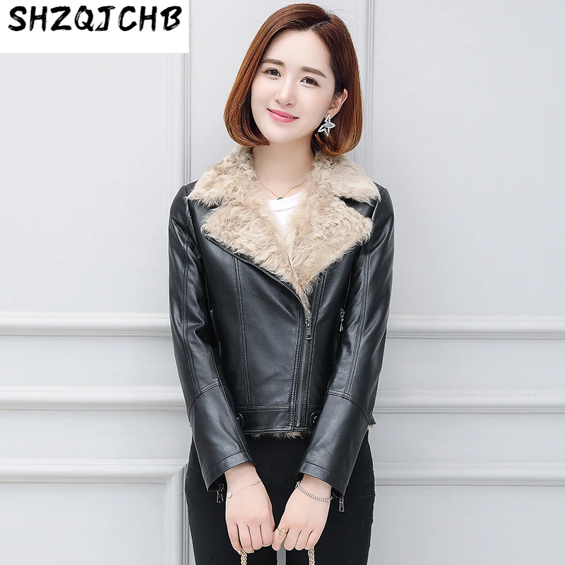 

Кожаная женская короткая куртка SHZQ, меховая облегающая Корейская зимняя куртка с шерстяной подкладкой