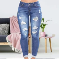 women high waist ripped jeans skinny stretch denim long pants button zipper placket four seasons causal hole jeans trousers
