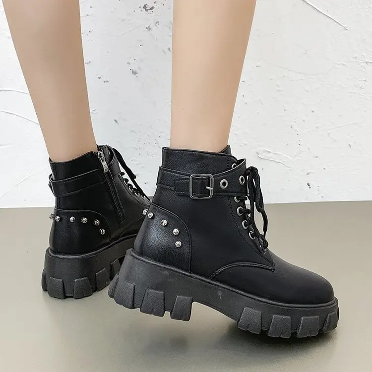 

Martin Boot Girl 2020 Autumn/winter New Style Cross Lacing Casual Belt Buckle Side Zipper Ankle Boot for Women Womens Shoes