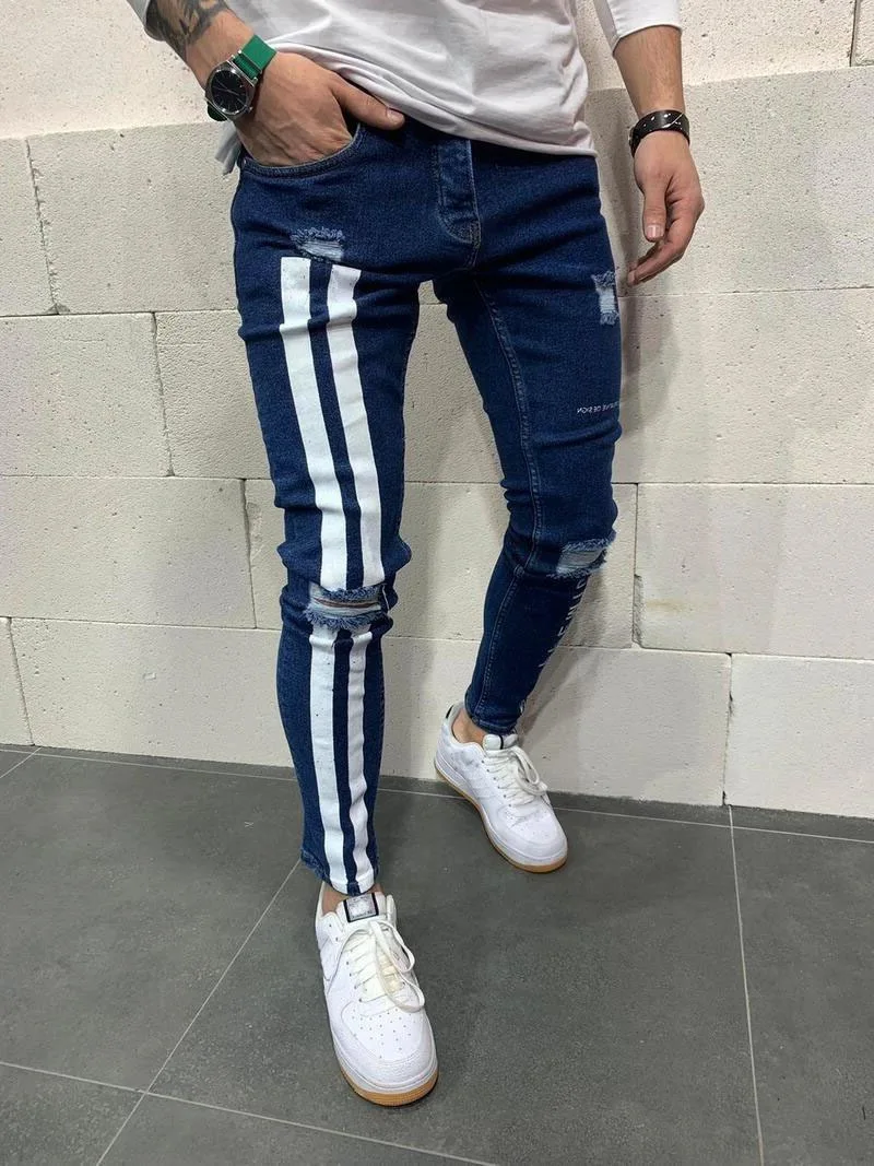 Men's Print Ripped Skinny Jeans With Small Feet