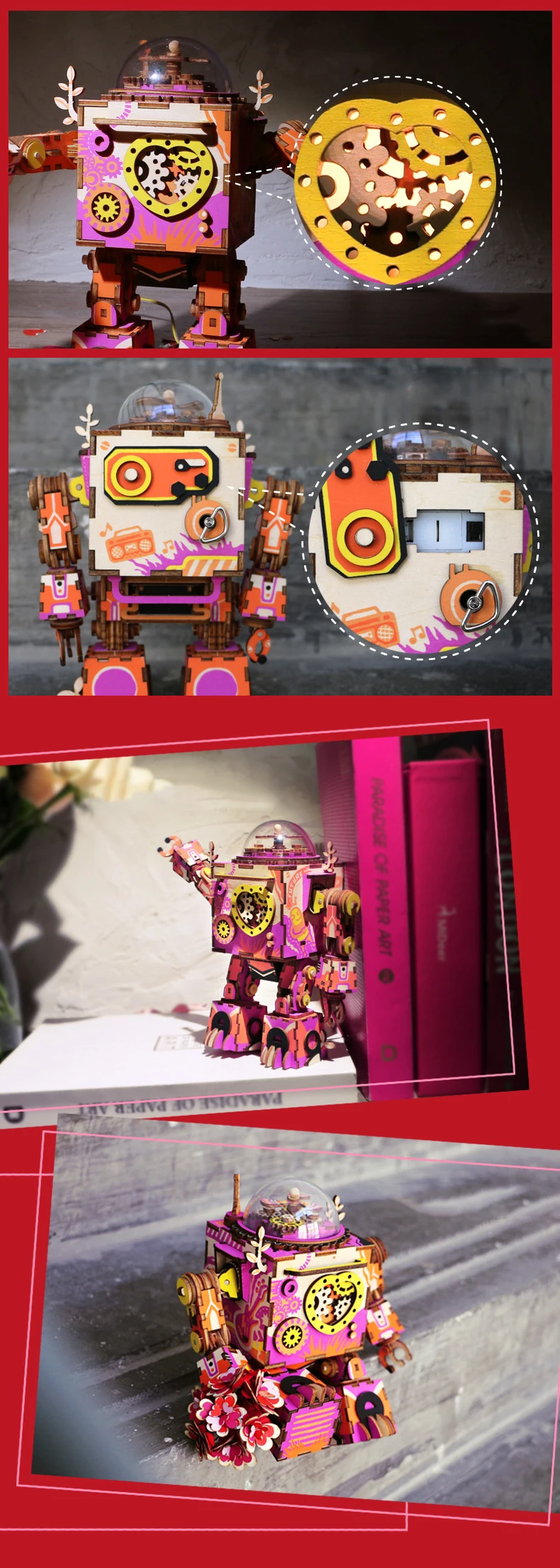 Diy Music Box Three-Dimensional Puzzle Wooden Toy Creative Space Series Model Robot Music Box Gift Double Color Optional