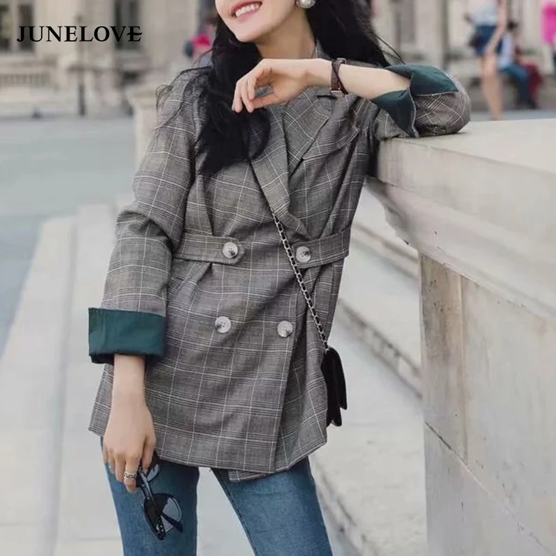 JuneLove женские осенние длинный рукав блейзеры куртки винтажные клетчатые