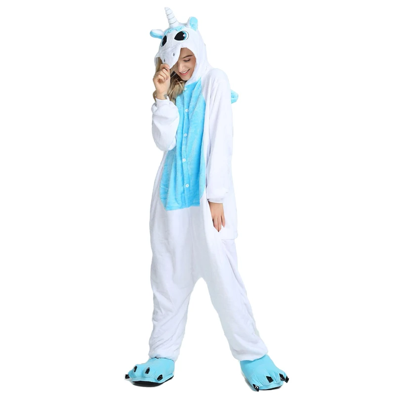 blue unicorn Зимние пижамные комплекты с единорогом; пижамы с героями мультфильмов для взрослых и женщин; Фланелевая пижама с изображением животных; пижамы с единорогом; пижамы кигуруми для женщин - Цвет: blue unicorn
