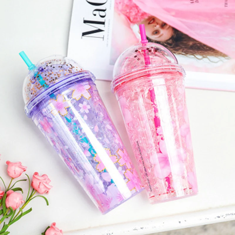 

Creative Water Cup Cute Student Gradient Color Cherry Plastic Bottle Tea Milk Drink Cup Coffe Mug Double-layer Cooling Straw Cup