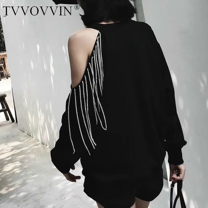 TVVOVVIN, свободный крой, стразы, гвоздики, черный цвет, новинка, с отворотом, длинный рукав, женские топы, толстовка, модная, Осень-зима, B455