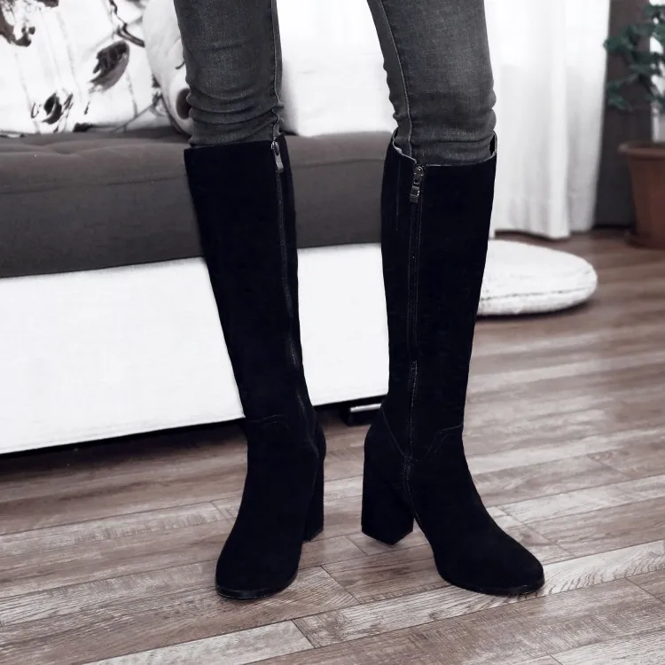 High Heel Shoes Brand Women Winter Boots Genuine Leather Knee Long Luxury Riding Chunky Autumn Equestrian Round Toe Suede