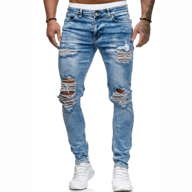 

KIMSERE Men Streetwear Destroyed Jeans Stretchy Ripped Denim Pants With Holes Hi Street Torn Jean Trousers Washed Blue S-XXXL