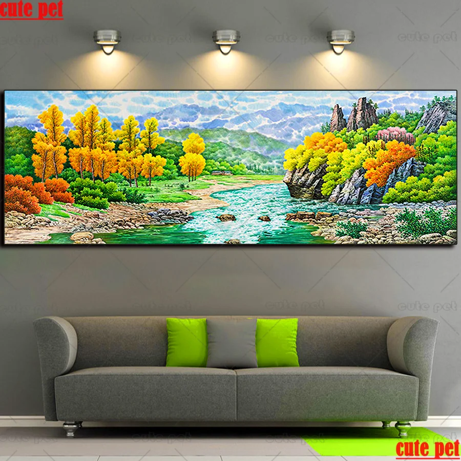 

Diamond Painting Cross Stitch Autumn natural scenery Diamond Embroidery 5D Diamond Decor River trees Full Drill Handmade large