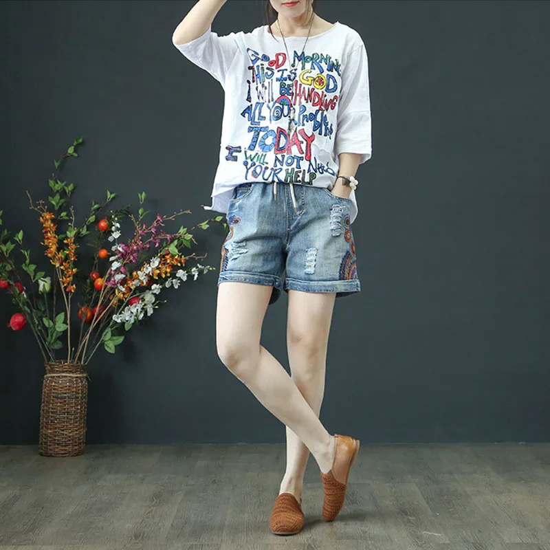

Summer Women Elastic Waisted Washed Hole Short Jeans 2021 Embroidery Denim Shorts Casual Fashion Women Plus Size Shorts