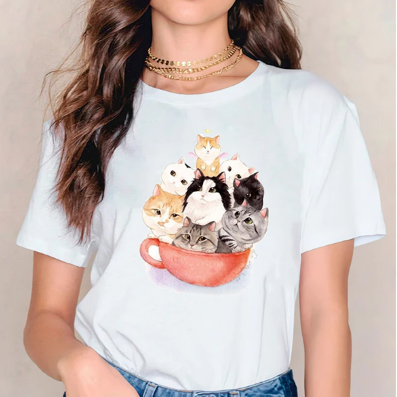 

T Shirts for Women T-shirts Clothing Pet Cat Funny Animal 90s Printing Womens Stylish Top Ladies Print Lady Ladies Tee T-Shirt