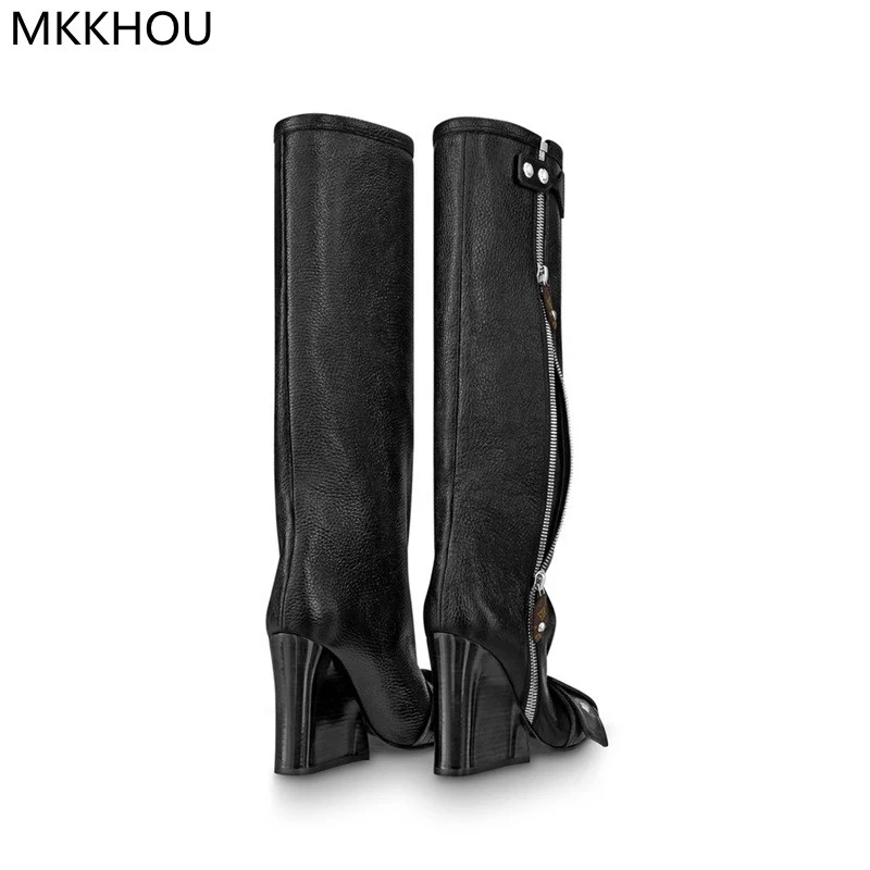 MKKHOU Fashion Knee-High Women Boots New High-Quality Leather Wedge Heel Boots Personality Street Punk Style Motorcycle Boots