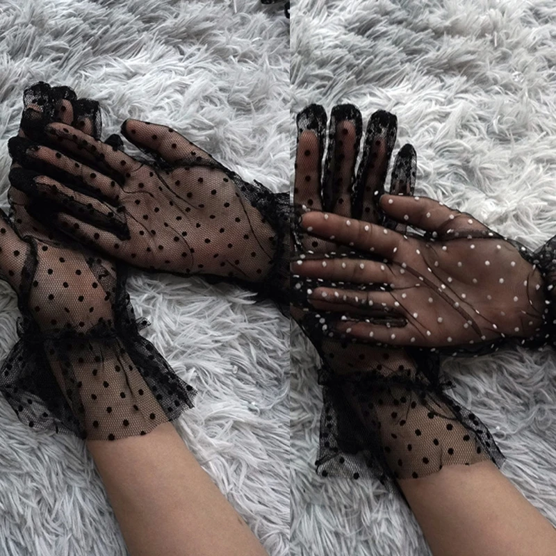 

Women Sheer Lace Short Tulle Full Finger Gloves Vintage Polka Dot Ruffled Trim Sunscreen Mesh Wedding Prom Evening Tea Party Ope