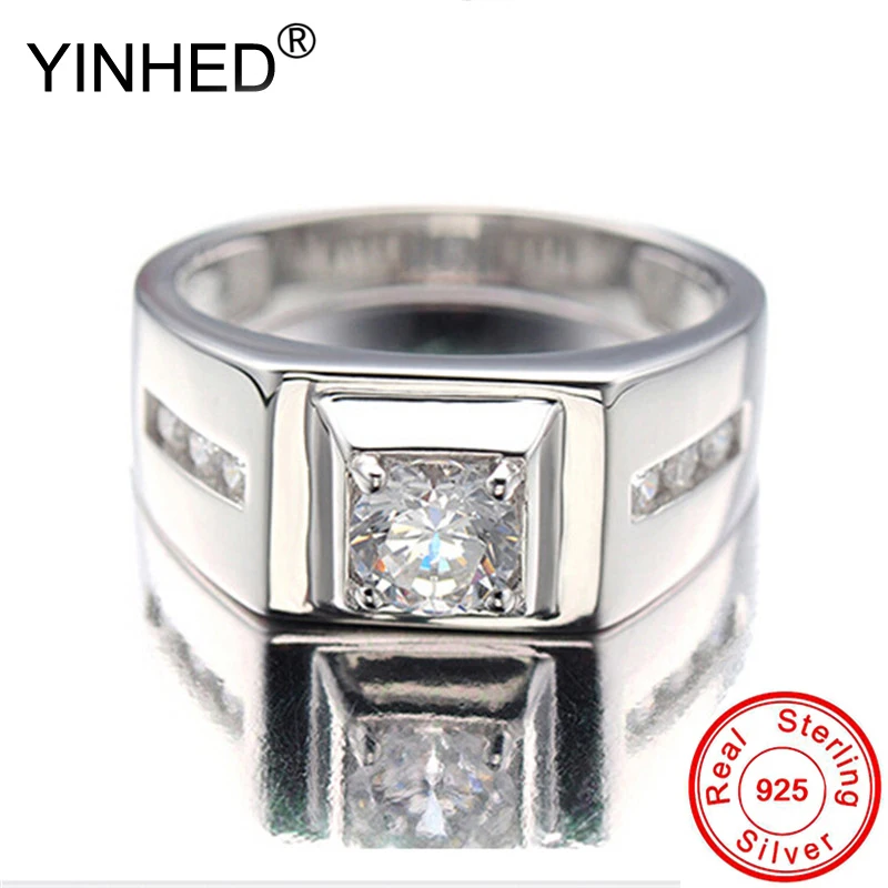 Модное мужское обручальное кольцо YINHED серебро 100% пробы с фианитом 1 карат