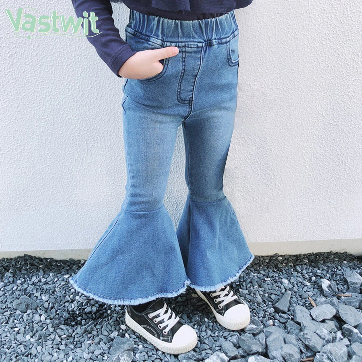 

Женские Модные расклешенные джинсовые брюки для маленьких девочек, осенне-зимние однотонные джинсовые брюки с оборками и широким дном для ...