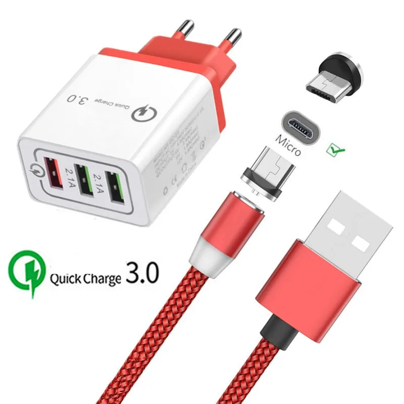EU charger and cable Для samsung Galaxy J4 J6 J7 J8 S7 zte Blade L8 A5 Realme 3 Pro android мобильный телефон QC 3,0 быстрое зарядное устройство и магнитный Micro USB кабель - Тип штекера: EU charger and cable
