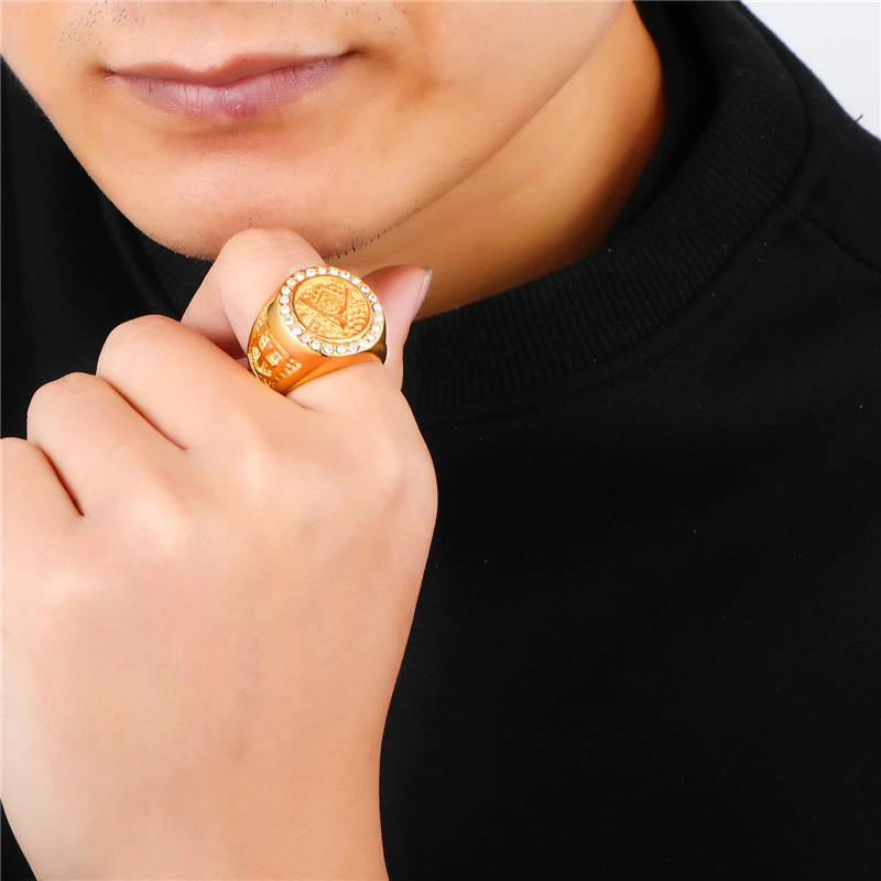 

HIP Hop Micro Pave Rhinestone Iced Out Bling Masonic Signets Ring IP Gold Filled Stainless Steel Rings for Men Jewelry