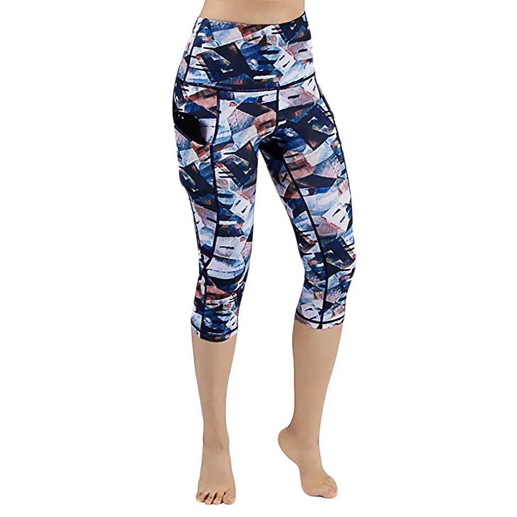 

Fashion Women's Printed Leggings Slim Pockets High Waist Hip Outdoor Sport Pant Running Fitness Seven-point Yoga Pants New E2