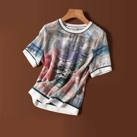 silk top womens short sleeved abstract gradient printed small shirt 2021 summer new ribbed half sleeved silk t shirt