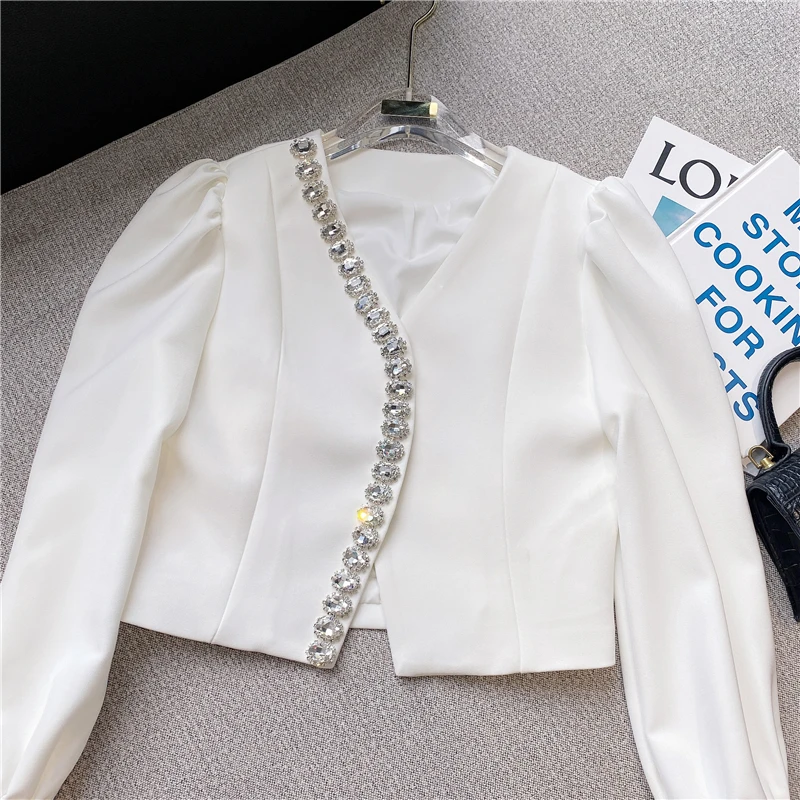 

Elegang Simple Fashion Women V-neck Rhinestone Edging Irregular T-shirt Long Sleeve Solid Color Suit Top for Lady