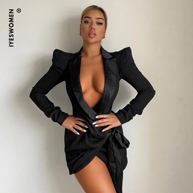

IYESWOMEN Fashion Solid Black Deep V-Neck Shoulder Pad Party Dress With Belt Women Sexy Short Wrap Dress 2022 Spring Streetwear
