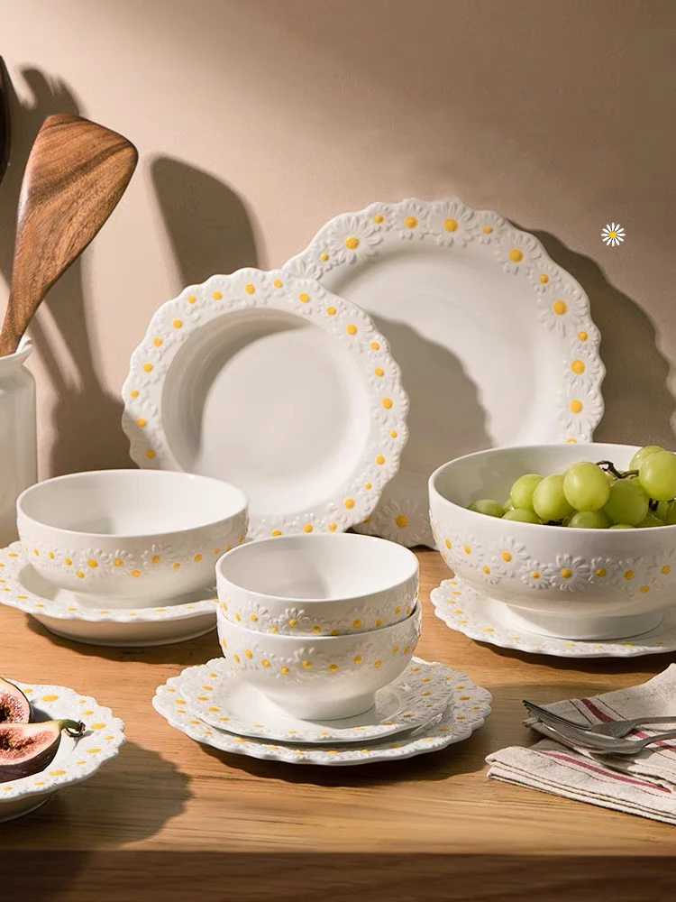 

Daisy Dinner Set Tableware Ceramic Salad Soup Rice Bowl Dessert Dish Plate Coffee Cup Saucer Mug Dinner Set Dinnerware