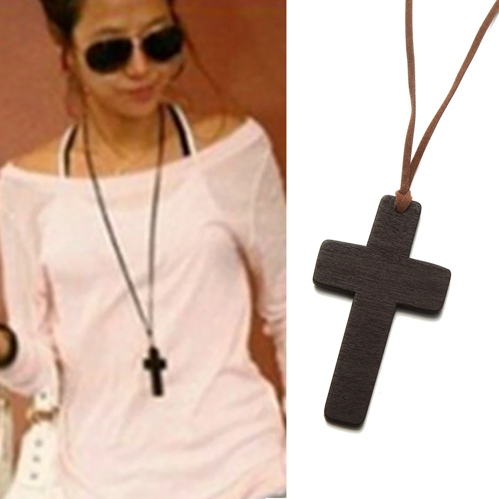Женское кожаное ожерелье винтажное длинное с деревянным крестом модный свитер в