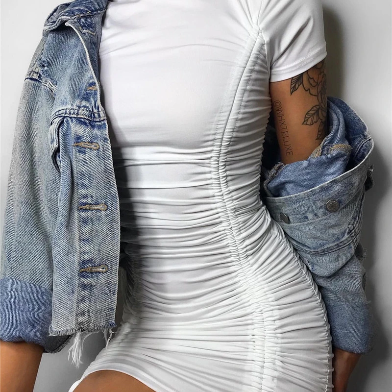 

Jrnnor Women Short Pleated Bodycon Dress Women Drawstring Short Sleeve Mini Party Dress Solid Basic Skinny Casual Dress