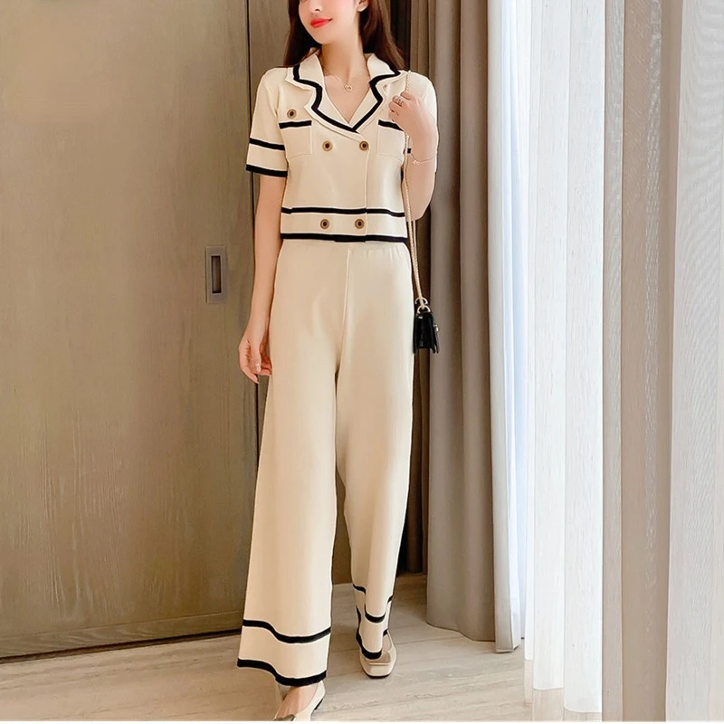 

2021 New Summer Elegant Knitted 2 Piece Set Women Double Breasted Short Sleeve Lapel Cardigan Wide Leg Pants Suits Female