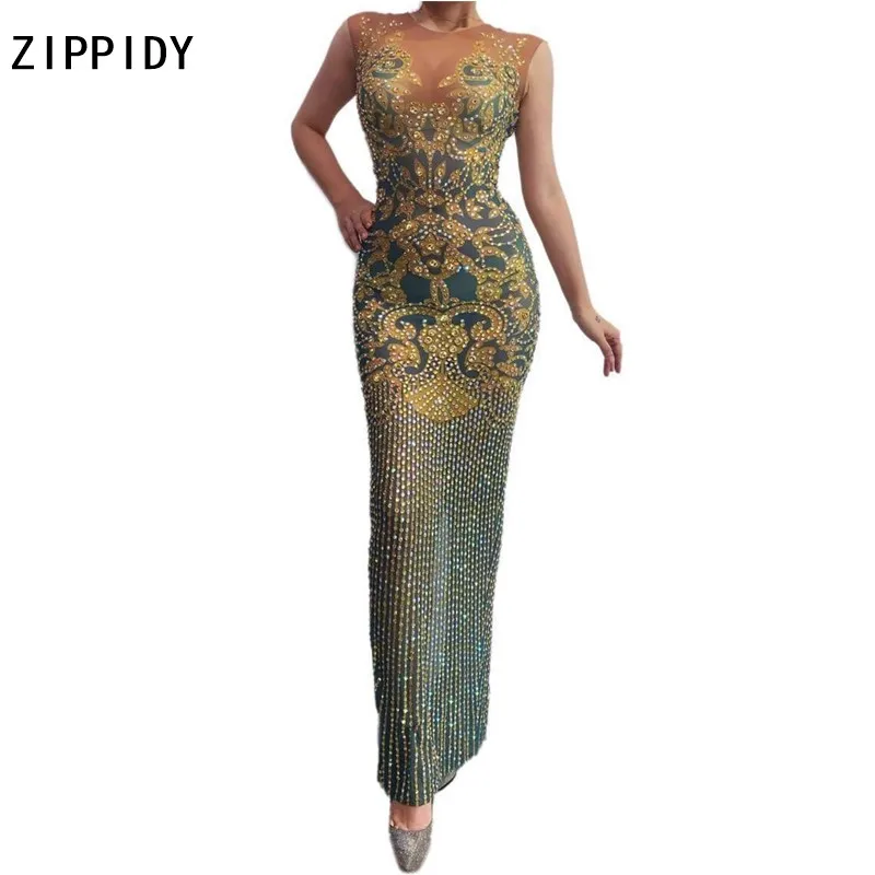 

Блестящее Прозрачное платье стразы с золотым рисунком, платье для празднования дня рождения, вечернее женское длинное платье для танцев