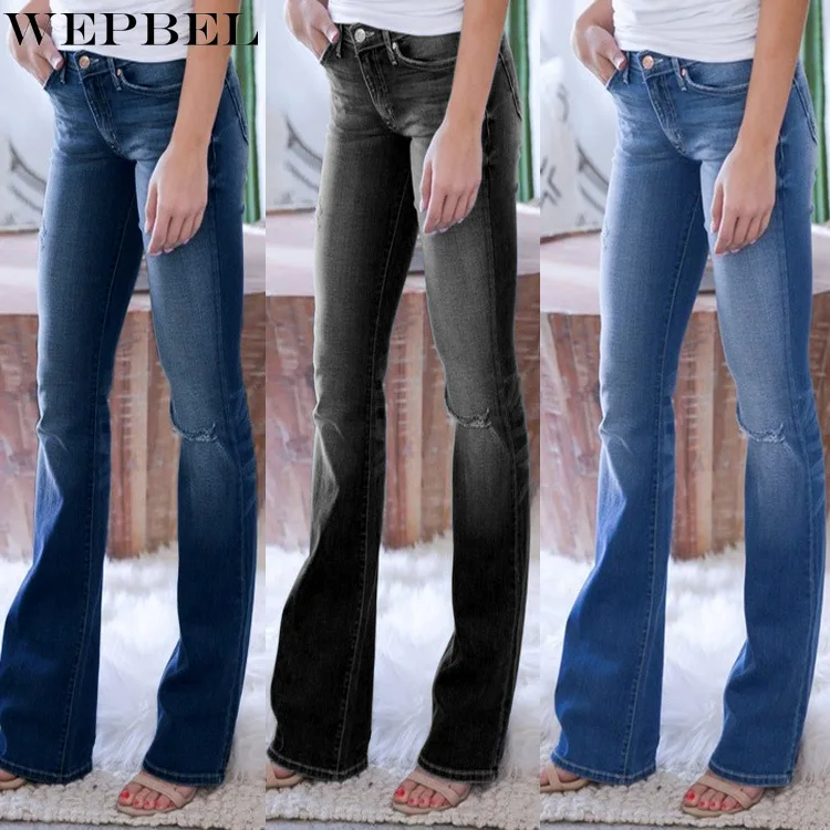 

WEPBEL Jeans Women's Casual Slim Ripped Button Denim Flare Pants Pants Autumn Mid Waist Solid Color Pocket Stitching Jeans