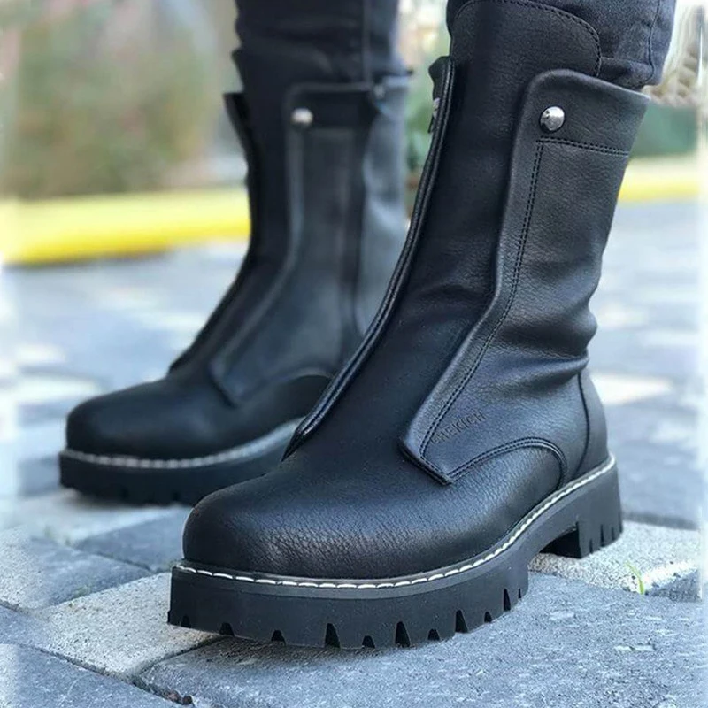 

Mens PU Leather Round Head Low Heel Waterproof Non-Slip Comfortable Classic Fashion Daily Casual Work Boots Women Simple Unisex