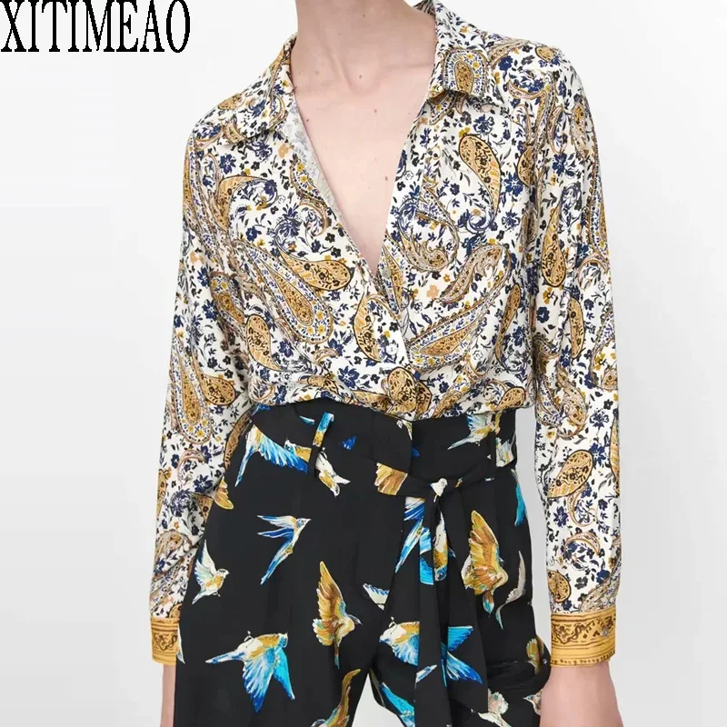 

Женская рубашка с отворотами Za, Повседневная Свободная рубашка оверсайз в простом стиле, с принтом в стиле ретро, лето-осень