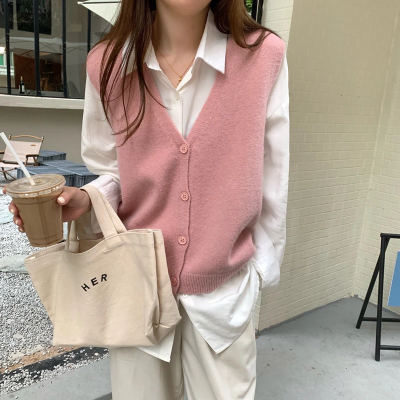 

7Candy Colors 2021 autumn Korean Style V neck knitted vest sweater Cardigans womens sweaters and pullovers womens(N0307)