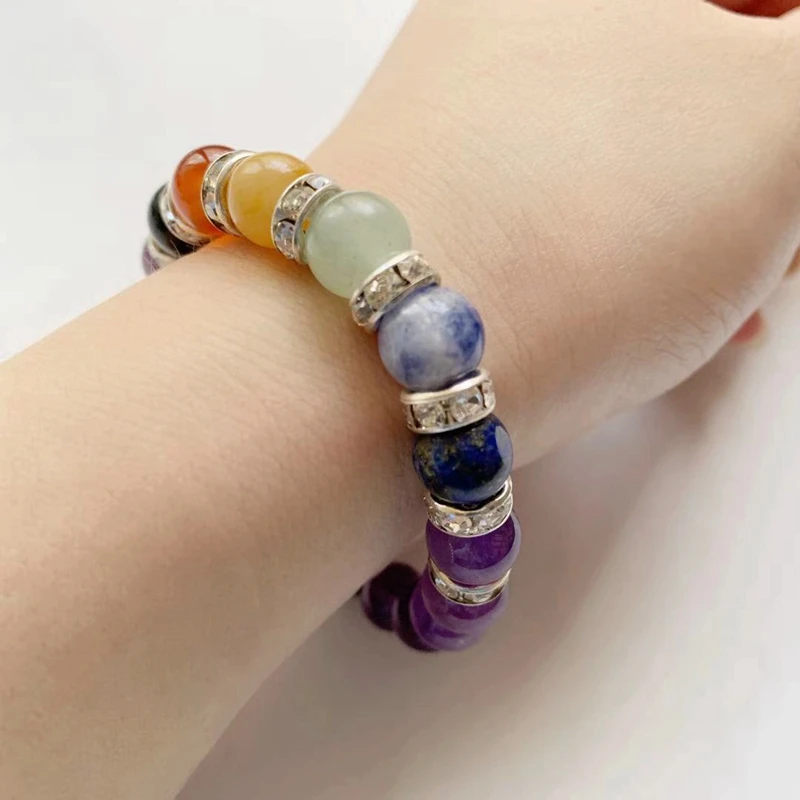 

Natural 7 Chakra Stones Crafts Round Purple Quartz Bracelet Amethyst Crystal Stone Quartz Reiki Healing