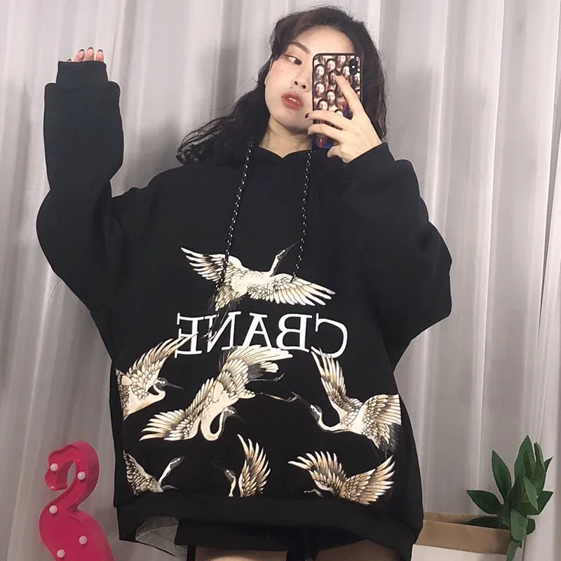 Японский бренд Tide толстовки с принтом Красного коронованного Журавля свободная