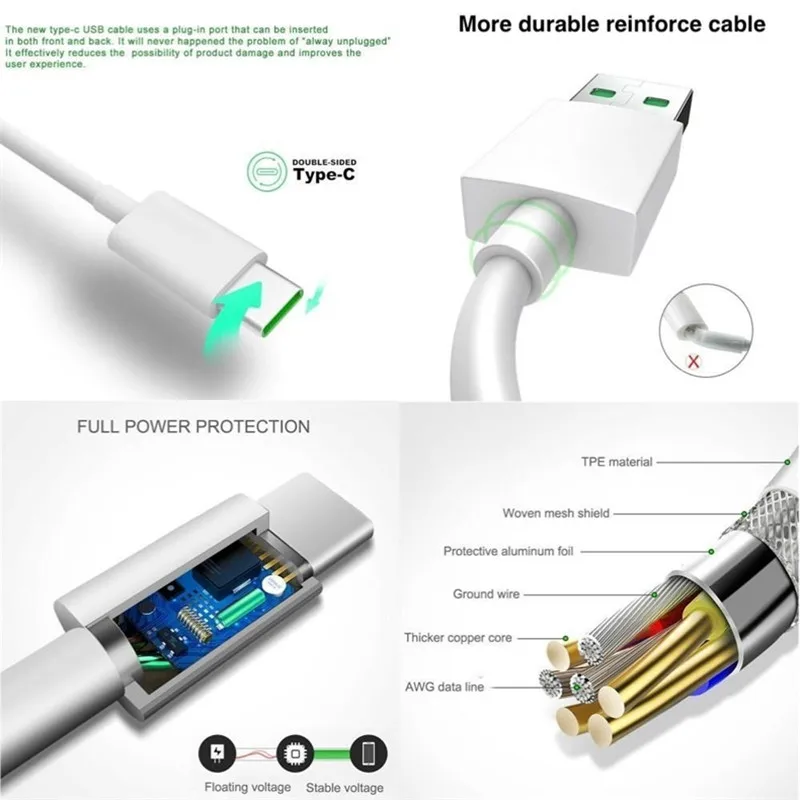 10 pcs 5a super charge vooc flash fast type c charger cable for oppo f17 a53s a72 realme gt x2 8 7 6 pro huawei p30 honor 20 30i free global shipping