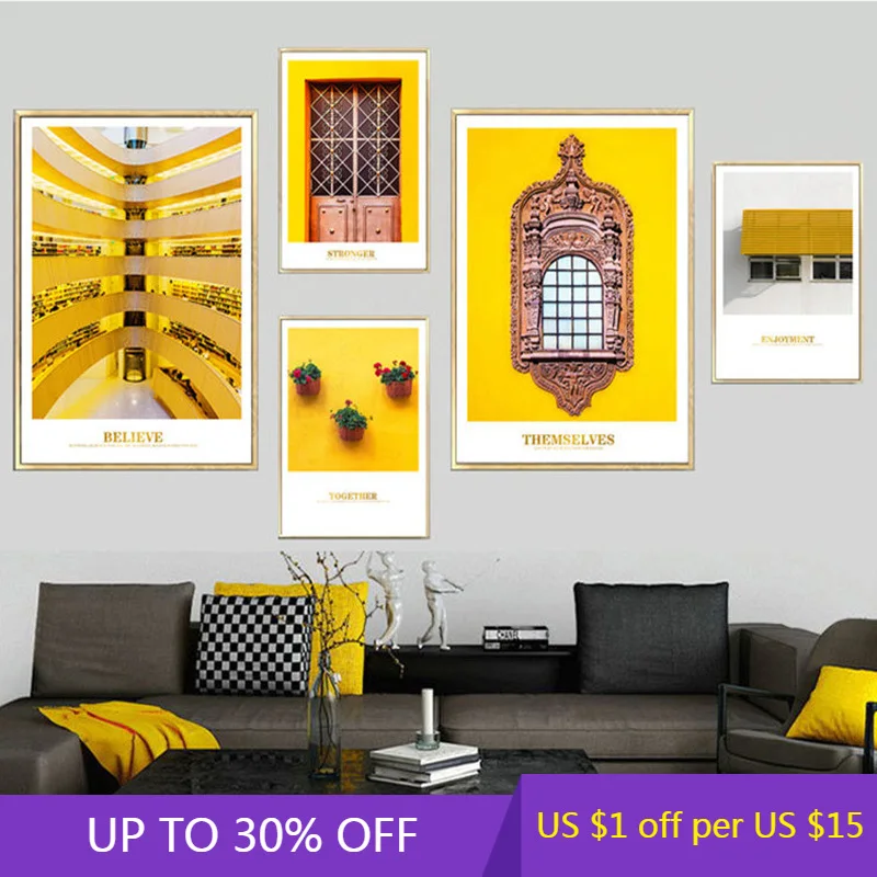 Желтый Стиль фотография Картина Home Decor Wall Art Скандинавская на холсте с цитатой