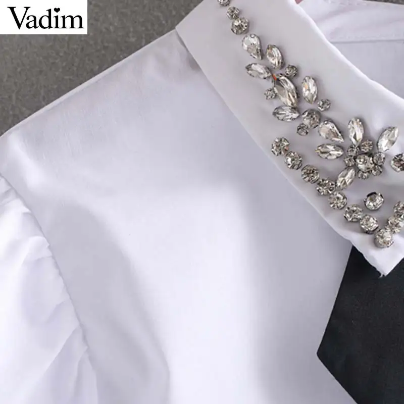 Vadim women sweet white bow tie blouses beading diamonds decorate short sleeve shirts female basic cute tops blusas DA655 | Женская