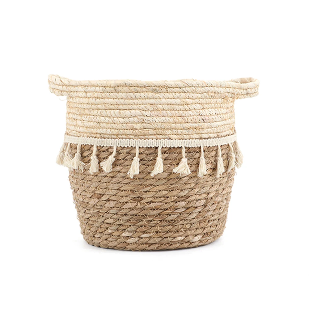 Hand-woven Basket Storage Bucket Plant Container Waterproof Straw With Tassels Suitable For Indoor Home 16*16*13cm Flower Pot | Дом и сад