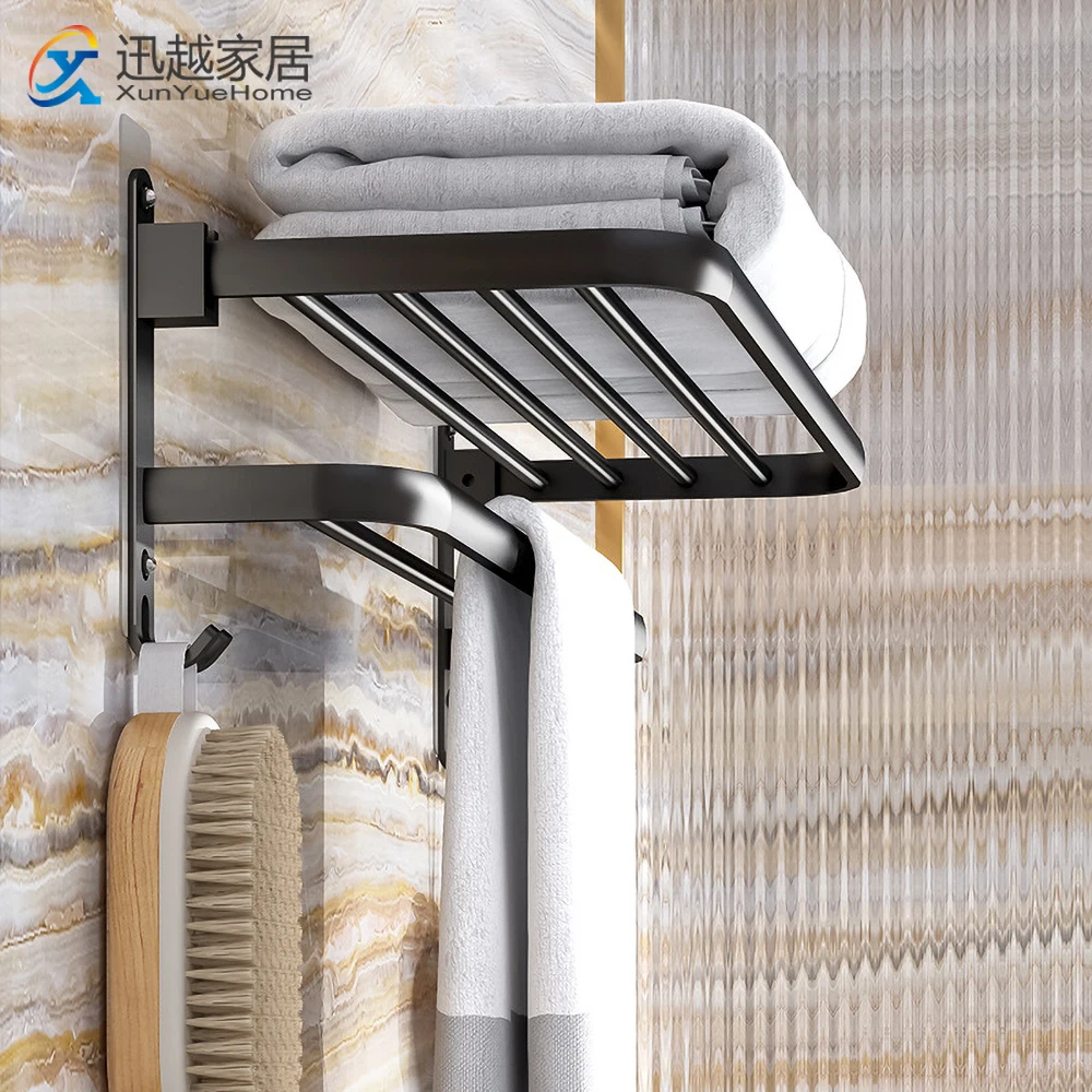 

Towel Holder Shower Storage Rack Hanger Wiih Hooks Punch-Free Wall Fold Hook Bath Black Aluminum Shelf Bathroom Accessories