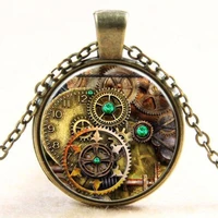 steampunk compass necklace pendant vintage bronze chain necklace compass style design gears cog jewelry unisex gift