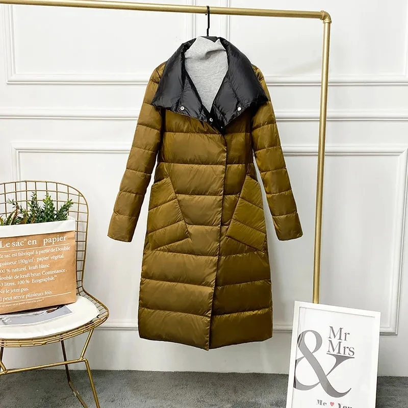 Off-season Clearance Antarctic 2021 Double-Sided Down Jacket Female Autumn Winter Light Mid-lengt Over-the-knee Coat Solid color
