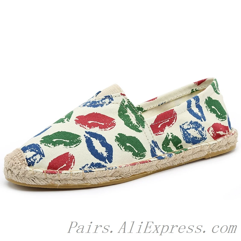 Lip Prints Женские Дышащие Туфли-лоферы на плоской подошве; сезон весна-осень; льняная обувь в рыбацком стиле; парусиновая обувь для вождения без застежки; эспадрильи в полоску унисекс - Цвет: Lip Prints