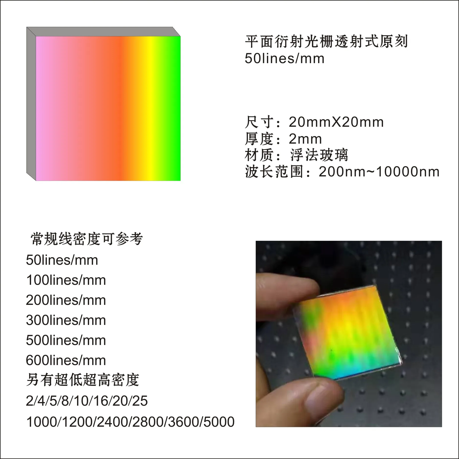 

Sinusoidal Transmission Spectroscopy 100 Lines 200 Lines 300 Lines 500 Lines 600 Lines/mm Holographic Diffraction Grating Sheet