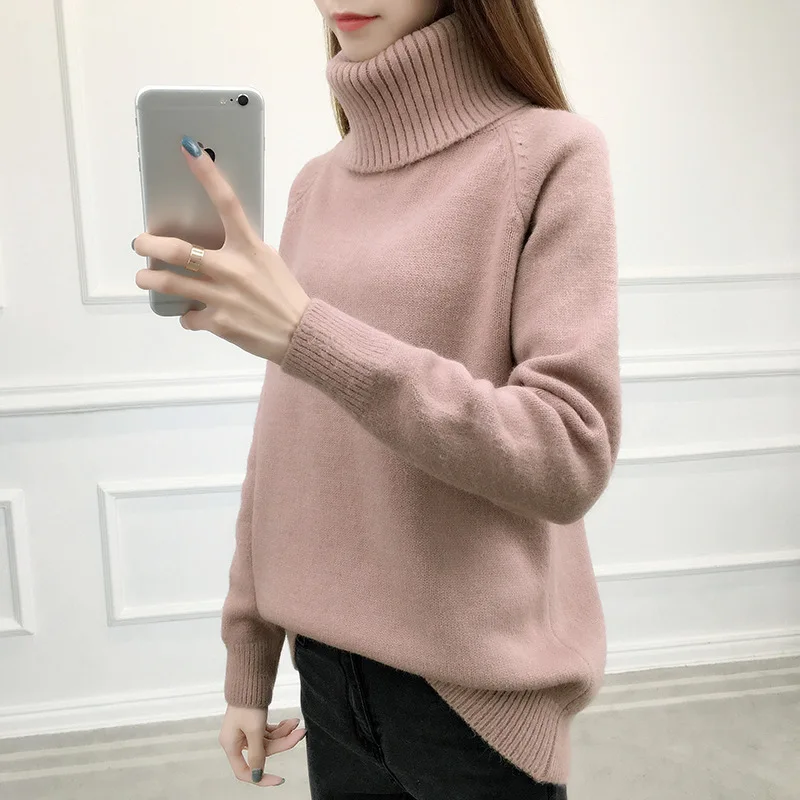High collar sweater female 2019 winter new loose hooded solid color thick knit bottoming shirt | Женская одежда