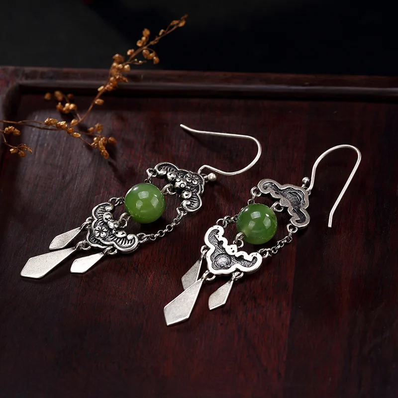 Женские серьги-капли из натурального нефрита S925 ретро длинные серьги с бахромой