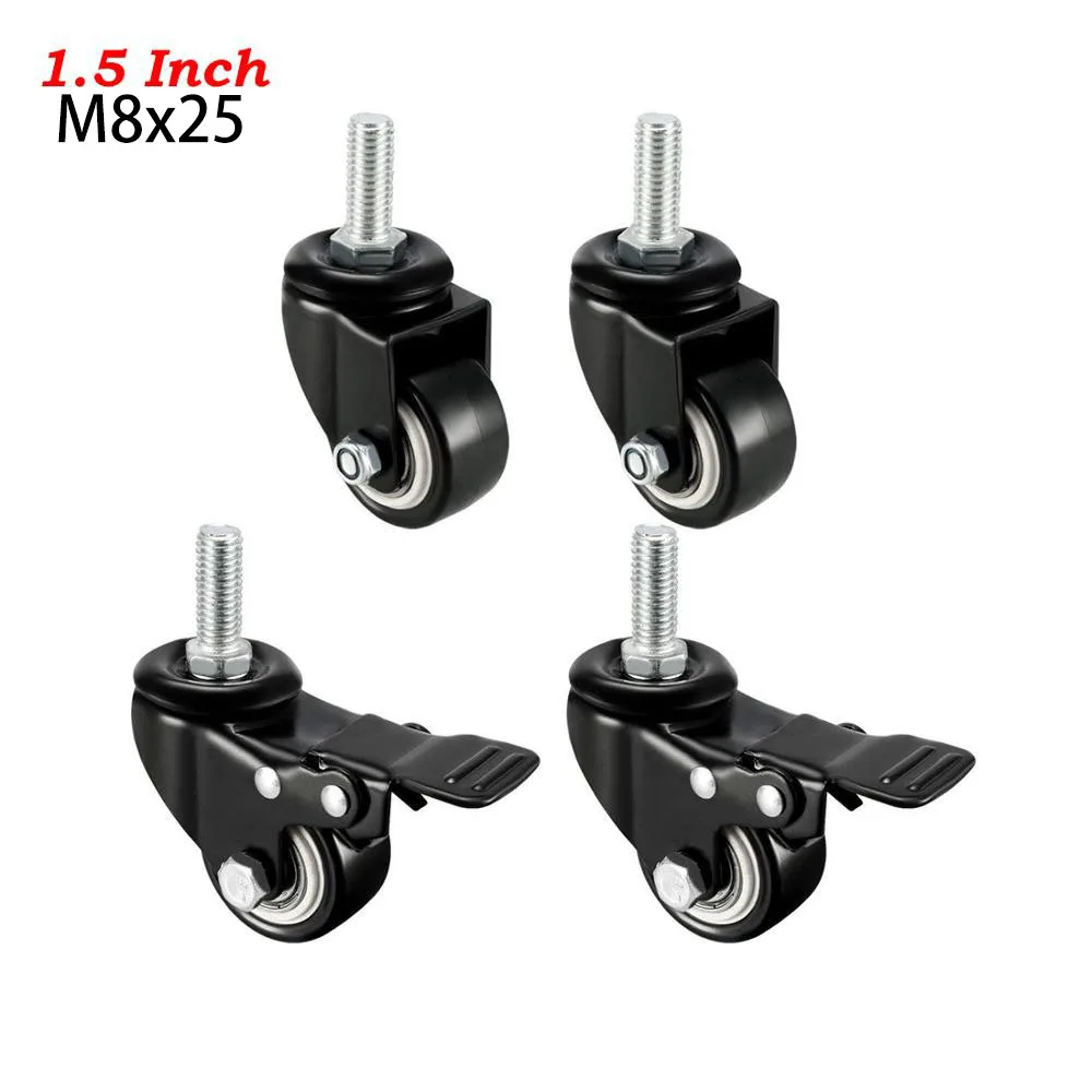 

4 шт. черные поворотные ролики из полиуретана и металла 1,5"/2" с тормозом