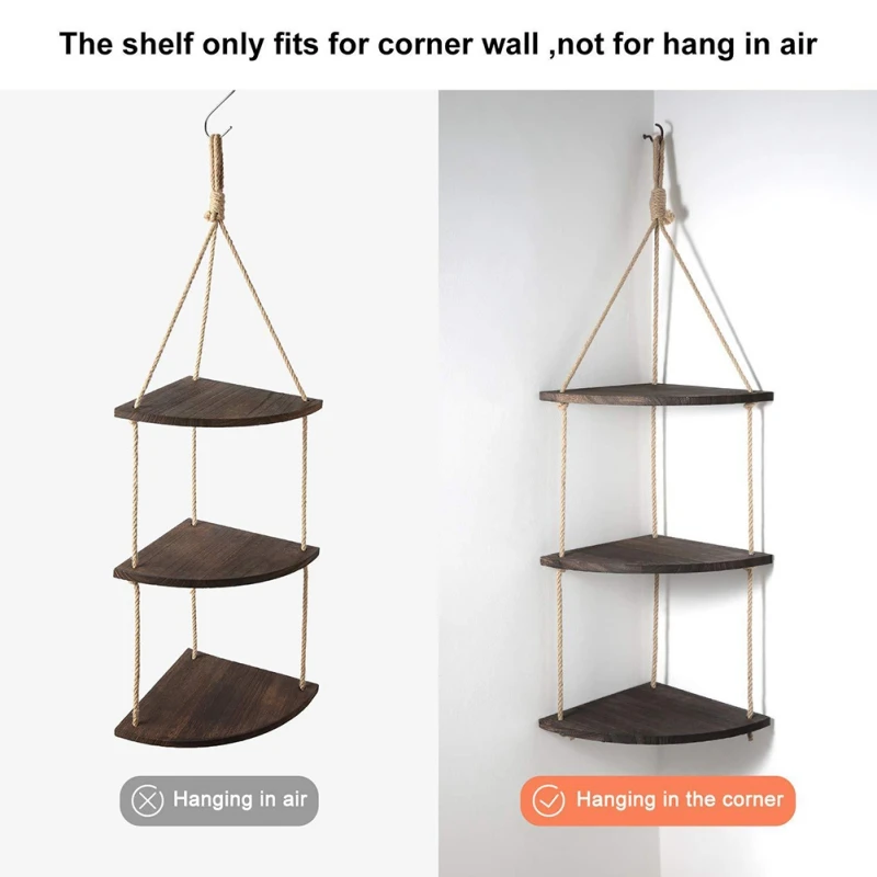 

Retro Hanging Rack Corner Shelf Displays Storage Rack Jute Rope Wood Wall Floating Shelves Wall Decoration